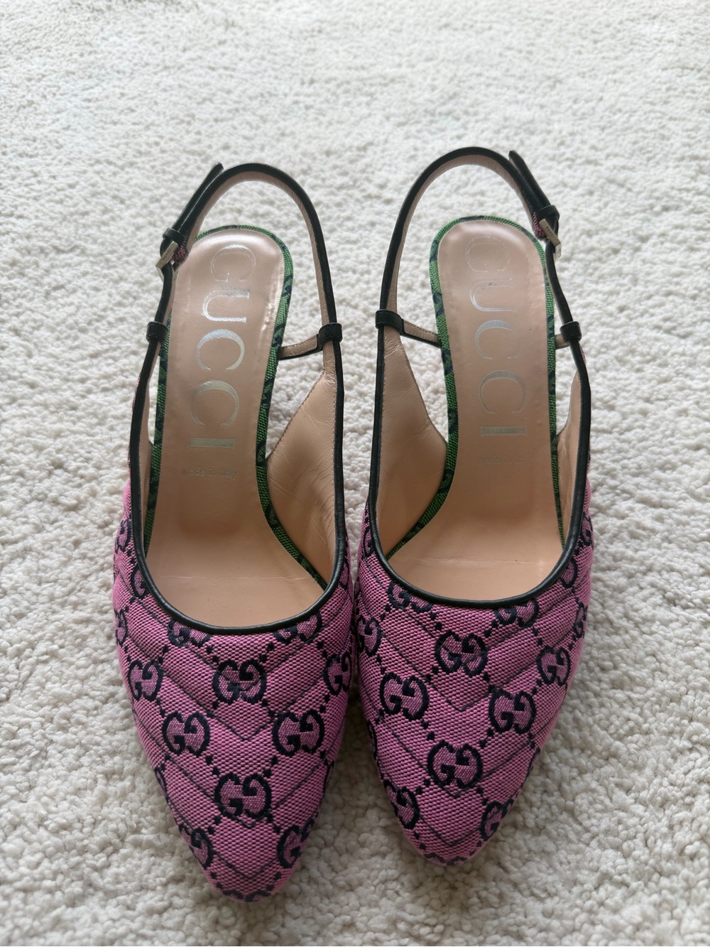 Gucci Pink GG Canvas Pointed Slingback Pumps with Black Trim